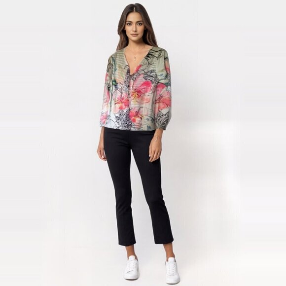 Fresh FX Floral V-Neck Blouse – Sheer Boho Pullover, Size Small - Picture 3 of 7